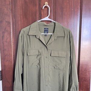 GAP - "Big Shirt" Army Green, Silk-like Button Down - Women's Size M
